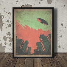 Listing image for Vintage UFO Sighting Wall Art, Cityscape Urban Alien Decor, UAP Cryptid Poster