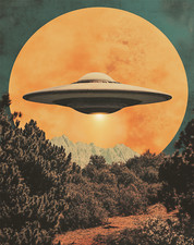 Listing image for Retro UFO Alien Landscape Poster Sci-Fi Home Wall Art - 12X16/16X20/18X24/24X36